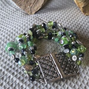 Green and Silver Multi Strand One Of A Kind Beaded Bracelet